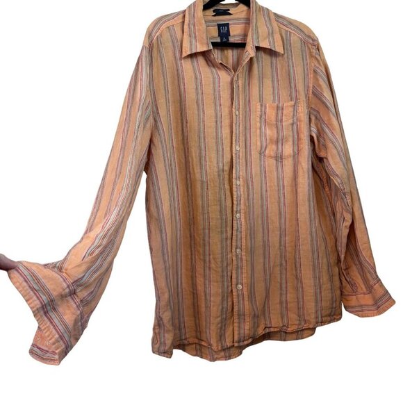 Gap Men's 100% Linen Striped Orange Vibrant Button Down Shirt Size XL - Picture 1 of 11